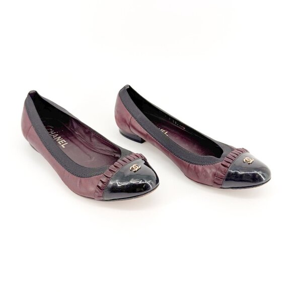 Chanel CC Ruffle Cap Toe Ballet Flats EU 37 US 6-6.5 Brown Burgundy Leather - Picture 1 of 15